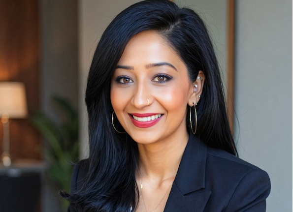 A woman in a blue blazer smiling for the camera