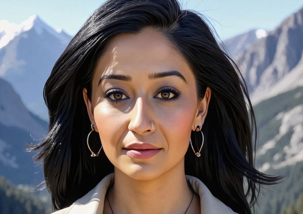 AI Headshot of a women wearing a beige jacket on behind mountains