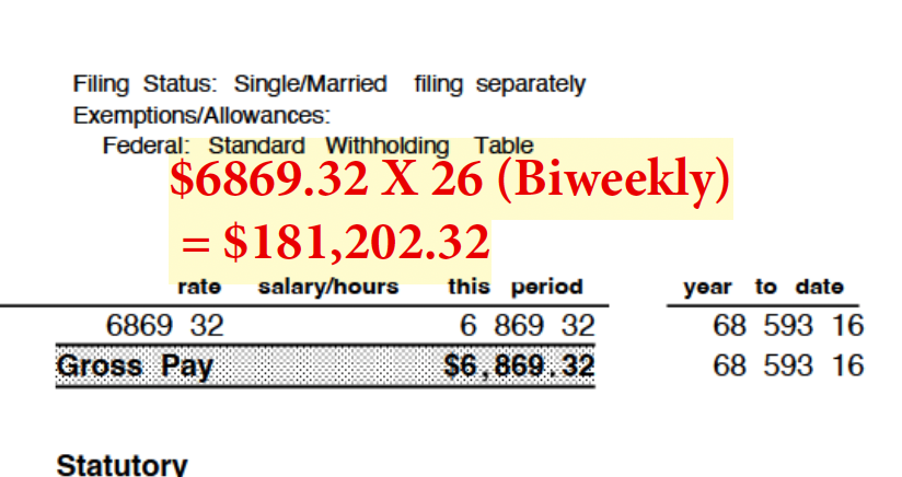 Pay stub showing $6869.32 biweekly salary totaling $181,202.32 annual base salary for Maninder Singh in New York City