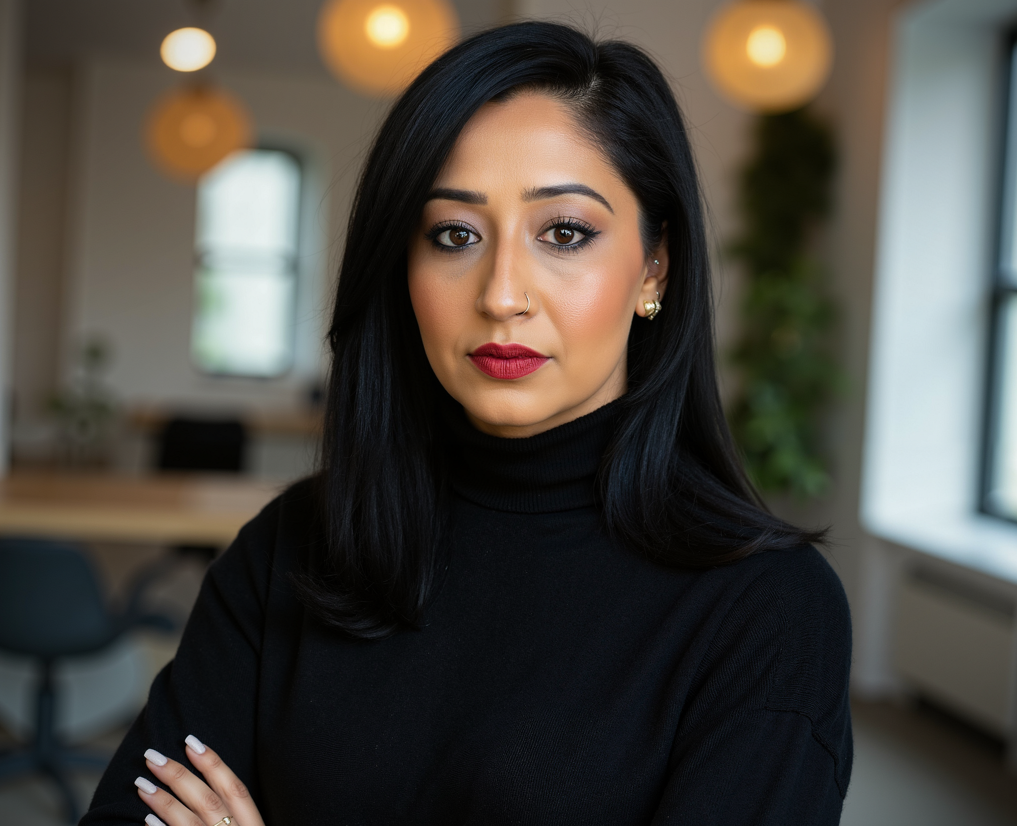 A professional woman dressed in black with her arms crossed