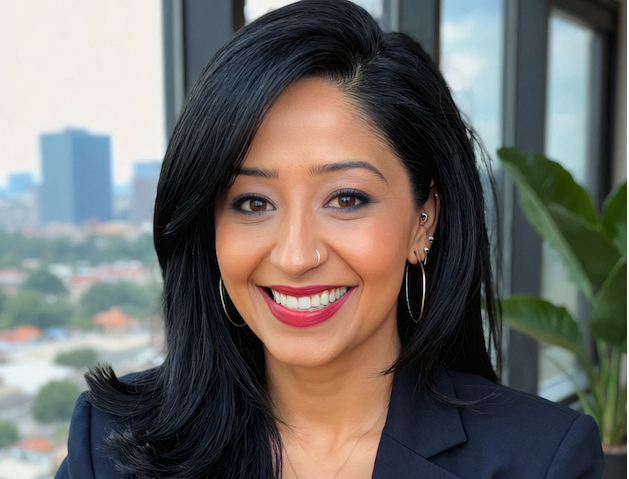 a professional dressed woman smiling cheek to cheek