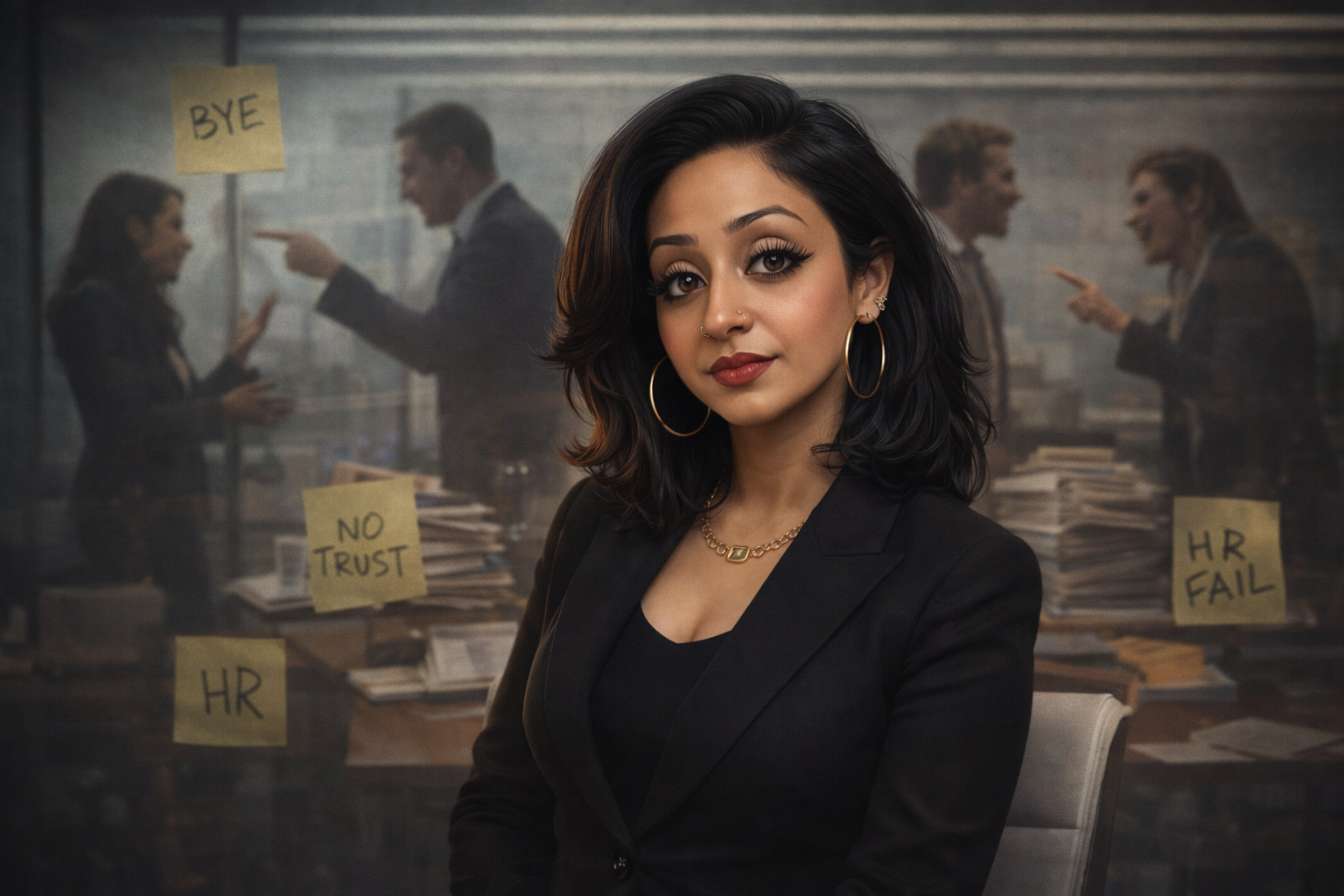 Professional portrait of a confident HR leader in a dark office setting, with blurred workplace conflict scenes in the background symbolizing trust breakdown, employee tension, and systemic HR challenges