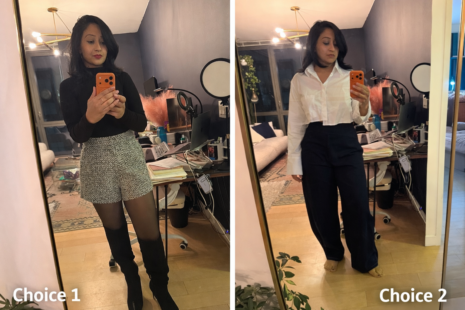 Side-by-side mirror photos of a professional woman wearing two different outfits, representing decision choice and the process of evaluating options without relying on outside opinions.