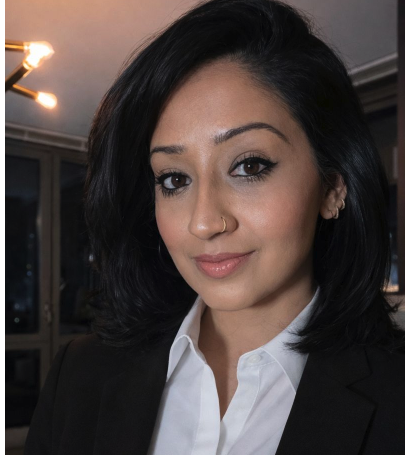 Professional headshot of a woman wearing a black blazer and white blouse, looking directly at the camera with a confident, professional smile against a softly lit indoor background.