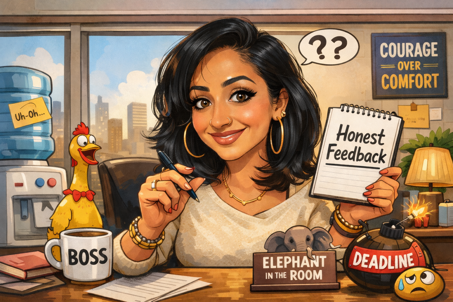 Playful illustrated caricature of a confident professional woman at a desk holding a notebook labeled “Honest Feedback,” surrounded by lighthearted office symbols representing awkward conversations, deadlines, and unspoken workplace issues.